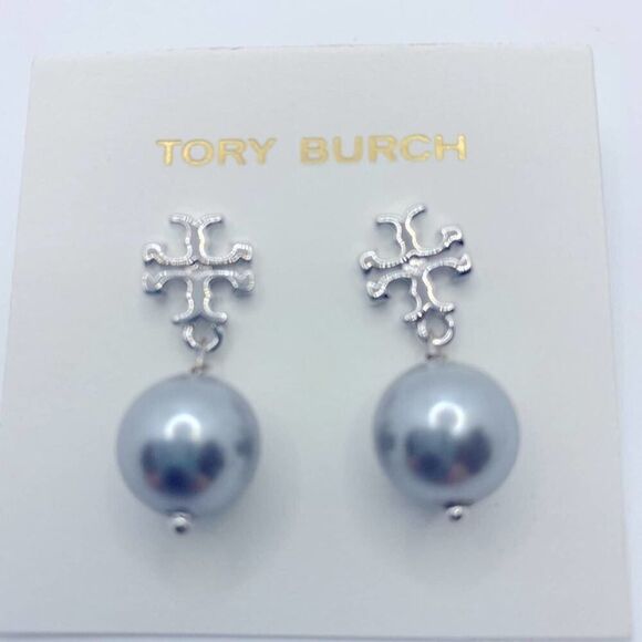 NWOT Tory Burch Silver Logo T Pearl Stud Dangle Earrings - Picture 5 of 5